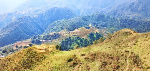 High angle view of land and mountains