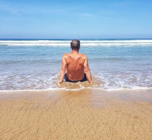 Rear view of shirtless man on beach