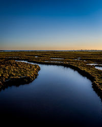 Scenic view of sea against clear blue sky