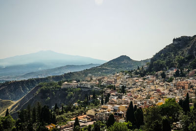 High angle shot of townscape against sky