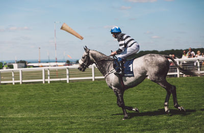 Man riding horse on field