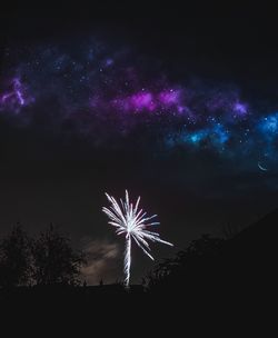 Low angle view of fireworks against sky at night