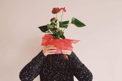 Person holding red rose against white background