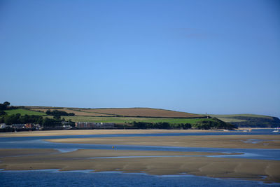 Scenic view of beach against clear blue sky