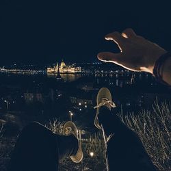 Person looking at illuminated city at night