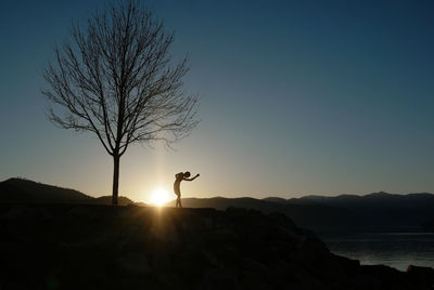 Silhouette boy by bare tree against sky during sunset