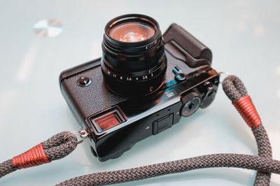 High angle view of camera on table