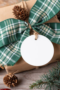 High angle view of christmas decorations on table