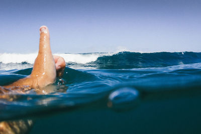 Close-up of swimming in sea against blue sky