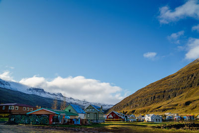 Houses and buildings against blue sky