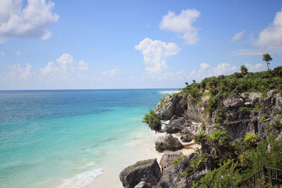 View of calm blue sea in tulum against sky