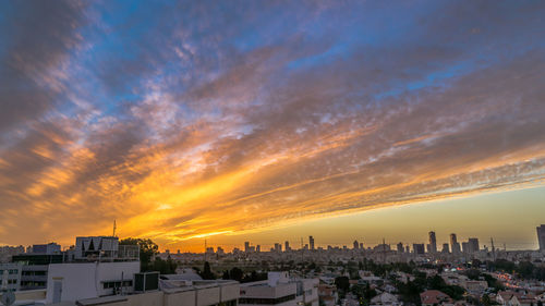 Panoramic view of city against sky during sunset