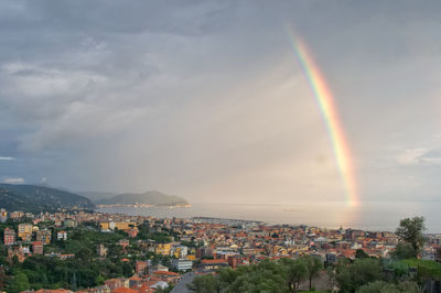 Scenic view of rainbow over buildings in city