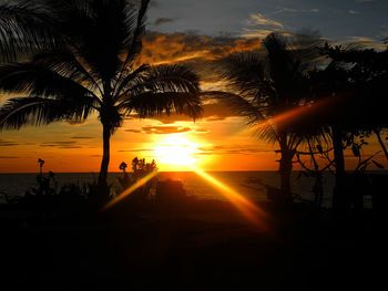 Silhouette trees by sea against dramatic sky during sunset