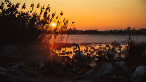 Scenic view of lake against sky during sunset