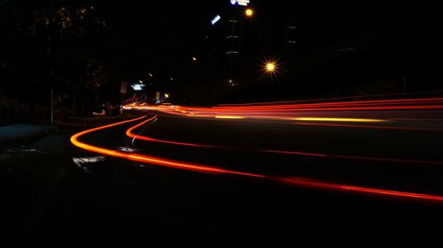 Light trails on road at night