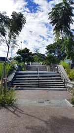 Steps and palm trees against sky