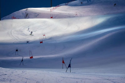 People skiing on snow covered land