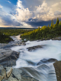 Log exposure of flowing river at sunset