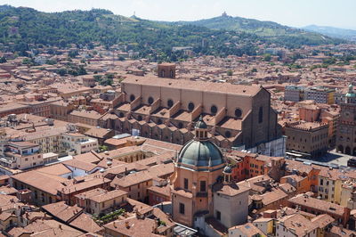 View at basilica of san petronio taken from asinelli tower, bologna, italy