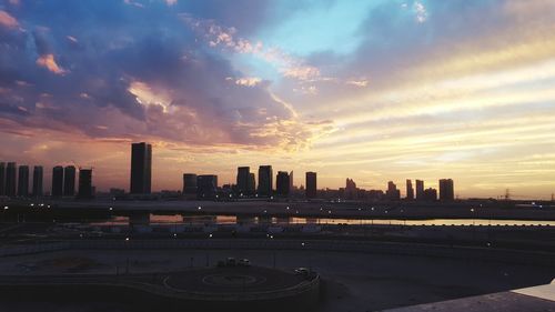 City skyline at sunset