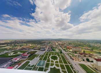 High angle view of soccer field against sky