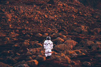 Rear view of man standing on rock