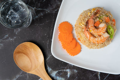High angle view of food in plate on table