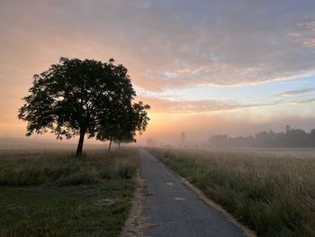 Road amidst field against sky during sunset