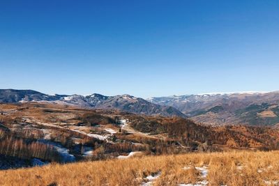 Scenic view of mountains against clear blue sky