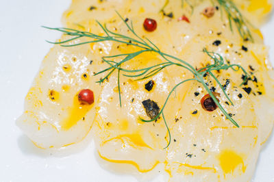 High angle view of food served in plate