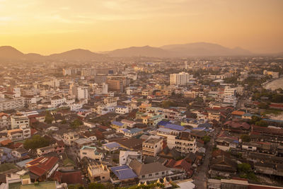 High angle view of townscape against sky during sunset