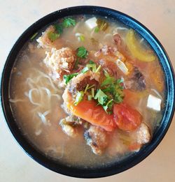 High angle view of soup in bowl on table
