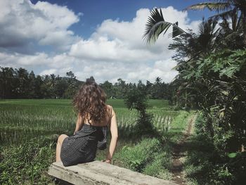 Rear view of woman sitting on grass against sky