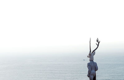 Rear view of man standing in sea against clear sky