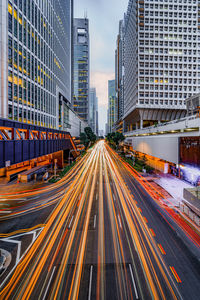 Light trails on city street against sky