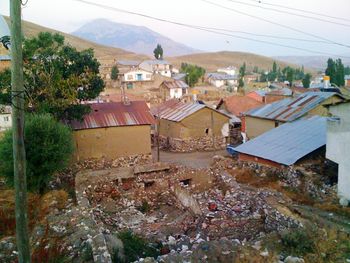 High angle view of houses in town