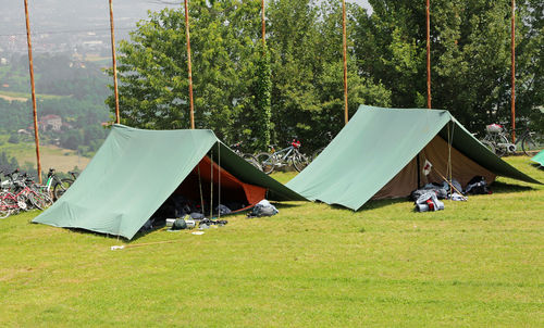 Tent on field against trees