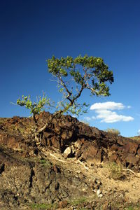 Low angle view of rocks against blue sky
