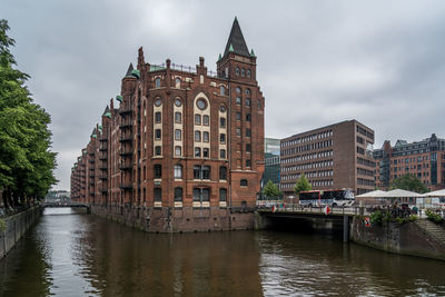 View of buildings by river against cloudy sky