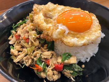 High angle view of breakfast served in plate