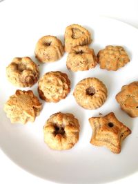 High angle view of cookies in plate