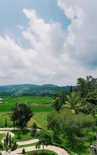 Scenic view of grassy field against cloudy sky