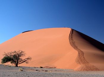 Scenic view of desert against clear blue sky