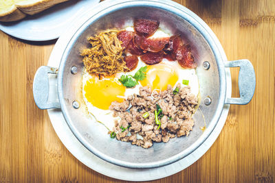 High angle view of breakfast served on table