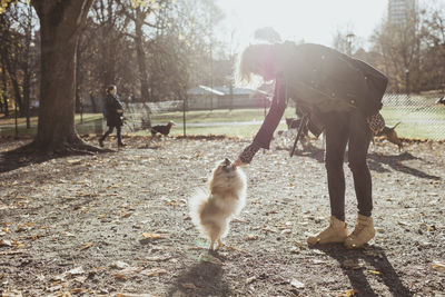 Full length side view of woman playing with pomeranian dog at park