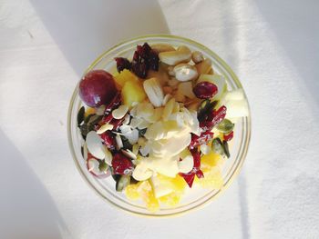 High angle view of fruits in bowl on table