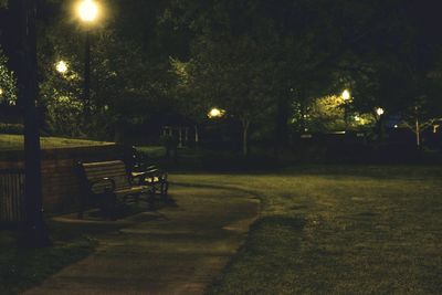 Empty park bench at night