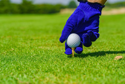 Hand golfer hold golf ball with tee ready to be shot at golf court.