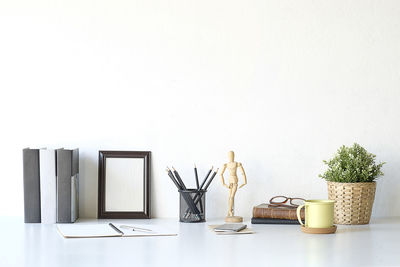 Potted plants on table against white background